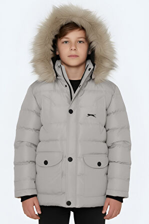 Slazenger NAPOLI Unisex Çocuk Kapüşonlu Şişme Gri Mont & Kaban