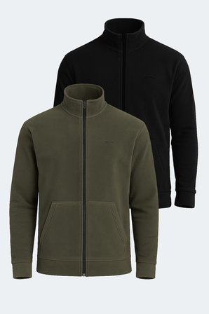 Slazenger SANSA 2 Lİ SET Erkek Fermuarlı Dik Yaka Cepli Siyah - Haki Polar