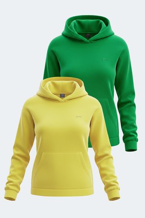 Slazenger SASSA 2  li set Kadın Kapüşonlu Cepli Sarı - Yeşil Sweatshırt