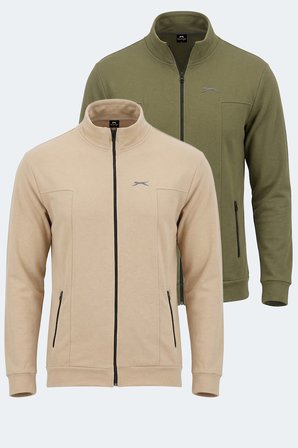 Slazenger KAGISONA 2 Lİ SET Erkek Fermuarlı Dik Yaka Cepli Bej - Haki Sweatshırt