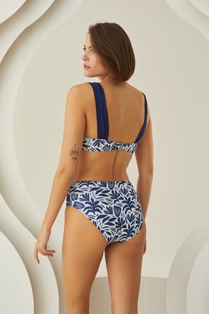 Lacivert Yaprak Desen Straplez Bikini Takım