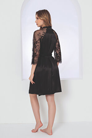 Siyah Gardenia Lacy Saten Tek Sabahlık