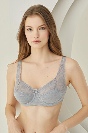 Gri Dantelli Balenli Penye Toparlayıcı Sütyen