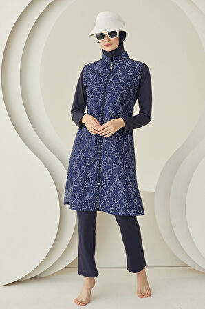 Lacivert İp Desenli Dokuma Tesettür Mayo