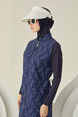 Lacivert İp Desenli Dokuma Tesettür Mayo