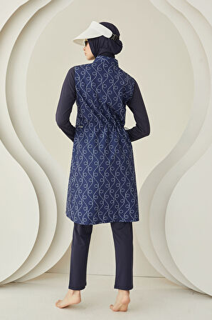 Lacivert İp Desenli Dokuma Tesettür Mayo