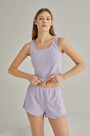 Lila Self Patterned Crop Şort Takım