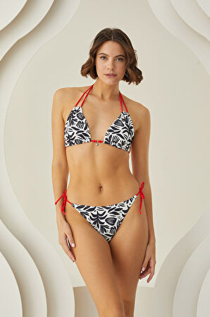 Siyah Beyaz Leaf Pattern Üçgen Bikini Takım
