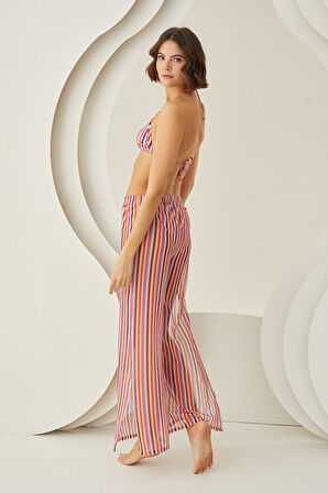 Renkli Stripes Yırtmaçlı Pareo Pantolon