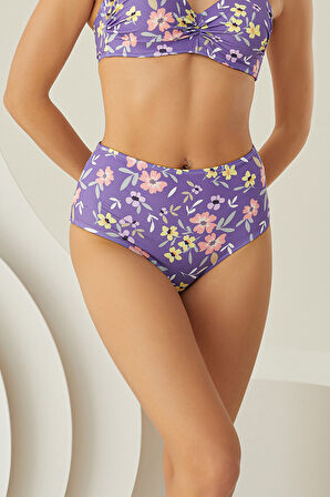 Renkli Bloom Yüksel Bel Tek Alt Bikini