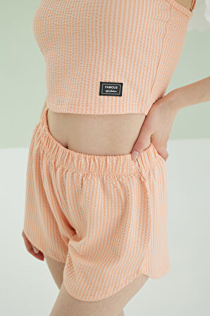 Turuncu İnce Askılı Crop Şort Takım