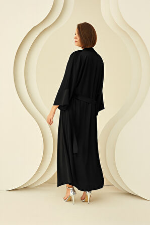 Siyah Uzun Saten Sabahlık