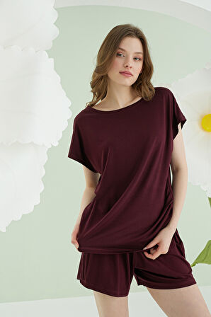 Bordo Aria Viskon Şortlu Pijama Takımı