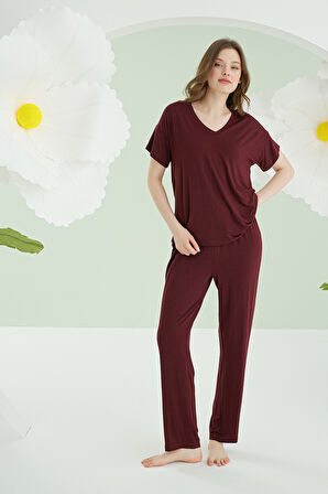Bordo Modal V Yaka Pijama Takımı