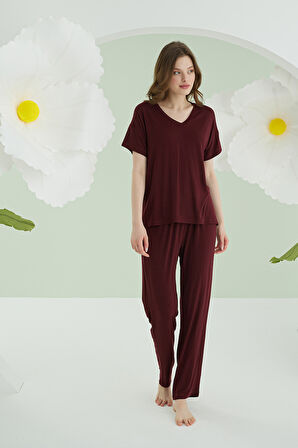 Bordo Modal V Yaka Pijama Takımı