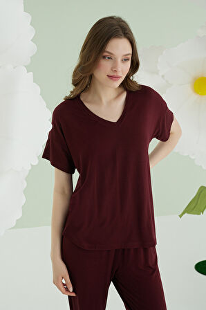 Bordo Modal V Yaka Pijama Takımı