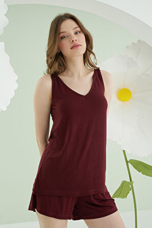 Bordo V Yaka Şortlu Pijama Takımı