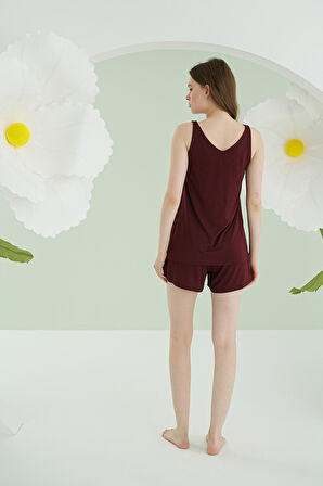 Bordo V Yaka Şortlu Pijama Takımı