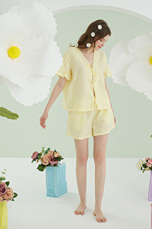 Sarı Papatya Şortlu Önden Bağlamalı Pijama Takımı