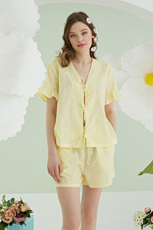 Sarı Papatya Şortlu Önden Bağlamalı Pijama Takımı