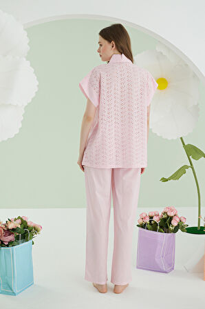 Pembe Hole Önden Düğmeli Pijama Takımı