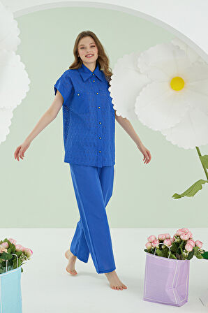 Mavi Hole Önden Düğmeli Pijama Takımı