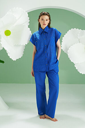 Mavi Hole Önden Düğmeli Pijama Takımı