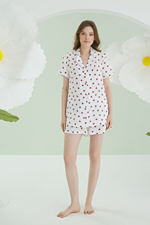 Ekru Kalpli Şortlu Önden Düğmeli Pijama Takımı