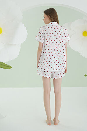 Ekru Kalpli Şortlu Önden Düğmeli Pijama Takımı