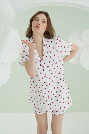 Ekru Kalpli Şortlu Önden Düğmeli Pijama Takımı