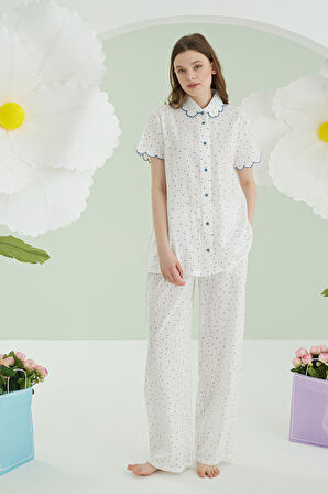 Mavi Puantiyeli Önden Düğmeli Pijama Takımı