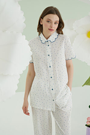 Mavi Puantiyeli Önden Düğmeli Pijama Takımı