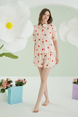 Turuncu Çilekli Şortlu Önden Düğmeli Pijama Takımı