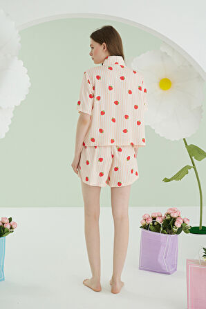 Turuncu Çilekli Şortlu Önden Düğmeli Pijama Takımı