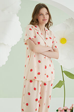 Turuncu Çilekli Önden Düğmeli Pijama Takım
