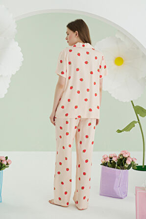 Turuncu Çilekli Önden Düğmeli Pijama Takım