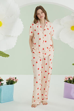 Turuncu Çilekli Önden Düğmeli Pijama Takım