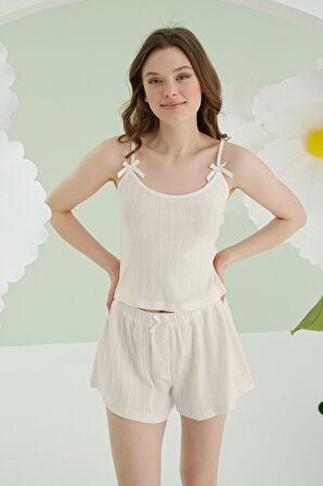 Ekru Askılı Şortlu Pijama Takım