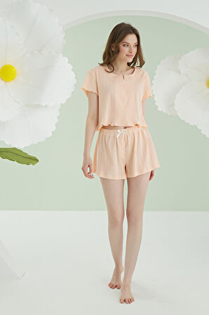 Somon Önden Düğmeli Crop Şort Takım