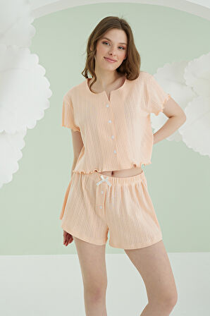 Somon Önden Düğmeli Crop Şort Takım