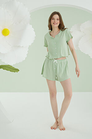 Yeşil Önden Düğmeli Crop Şort Takım