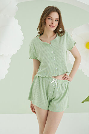Yeşil Önden Düğmeli Crop Şort Takım