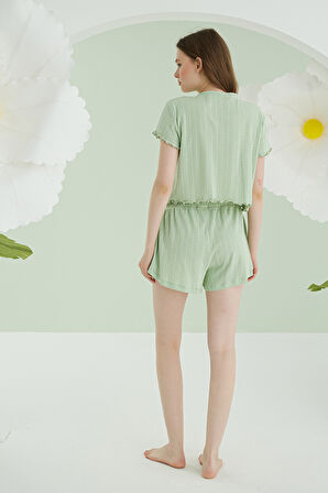 Yeşil Önden Düğmeli Crop Şort Takım