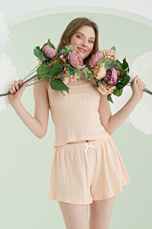 Somon İnce Askılı Kurdele Şortlu Pijama Takımı