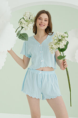 Mavi Ribbon Şortlu Pijama Takımı