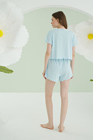 Mavi Ribbon Şortlu Pijama Takımı