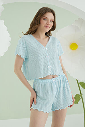 Mavi Ribbon Şortlu Pijama Takımı