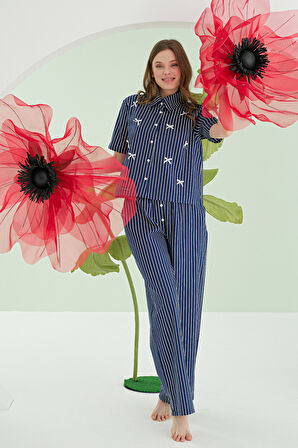 Lacivert Kurdele Önden Düğmeli Pijama Takım