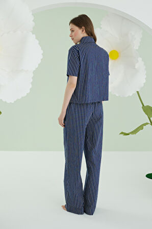 Lacivert Kurdele Önden Düğmeli Pijama Takım