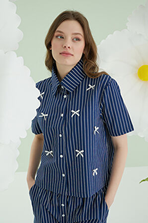 Lacivert Kurdele Önden Düğmeli Pijama Takım